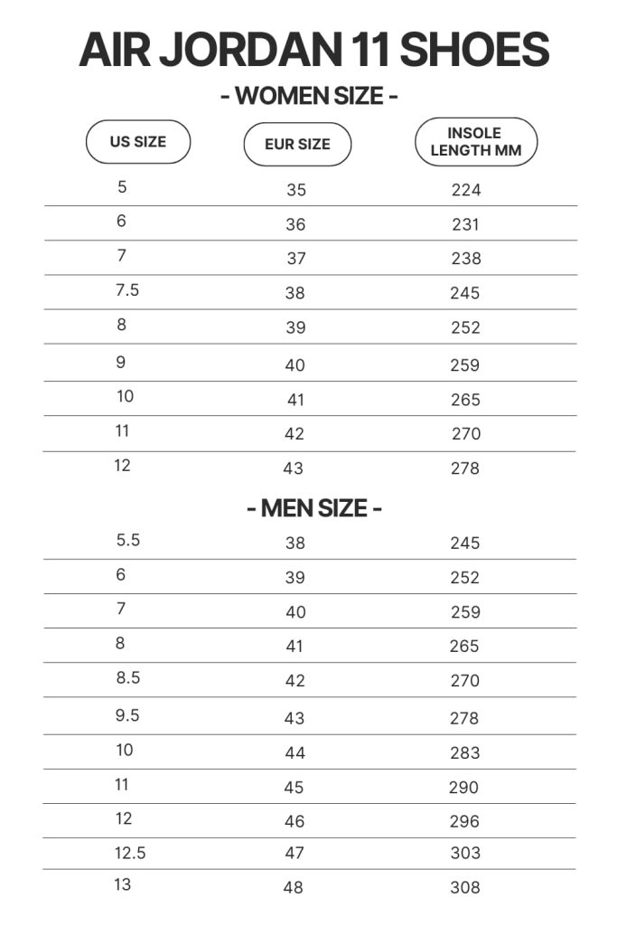 Air Jordan 11 Shoes Size Chart - Anime Shoes UK Store