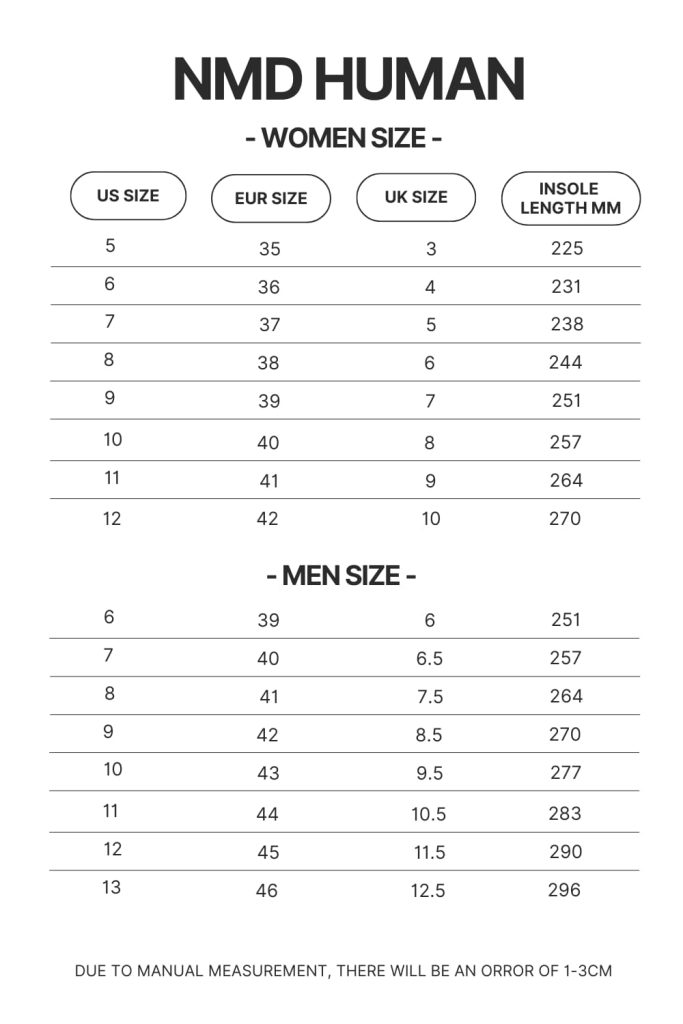NMD Human Shoes Size Chart - Anime Shoes UK Store
